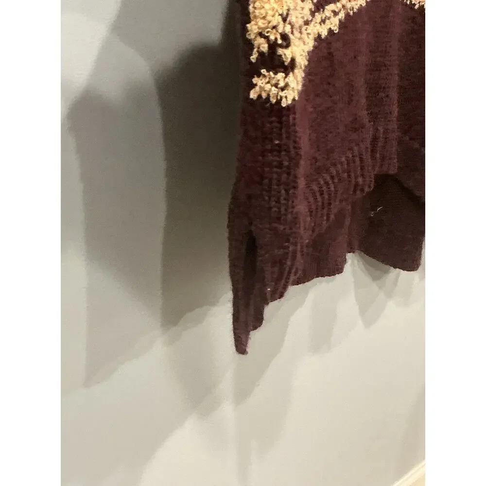 Free People Fair Isle Wool Blend Sweater Burgundy Chunky Knit Oversized Boho‎ S